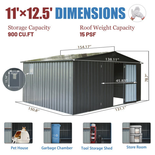 11x12.5 ft Outdoor Metal Garden Storage Shed with Windows and Lockable Door - Dark Gray