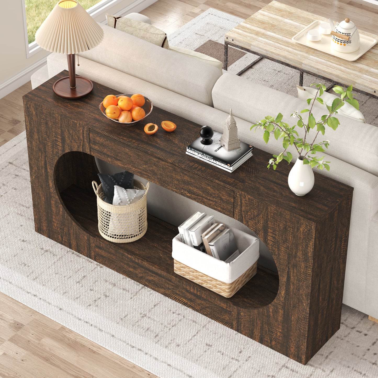 Narrow Walnut Wood Grain Console Table with Drawer - 63"
