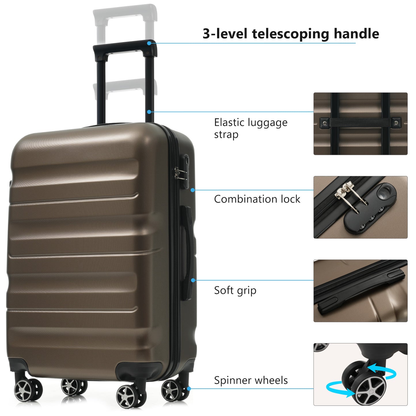 Lightweight Hardshell ABS Luggage Set - 4 Sizes, Brown