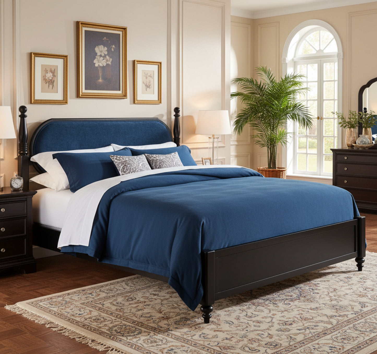 Queen Bed Frame - Solid Wood Platform with Navy Blue & Black Upholstered Headboard
