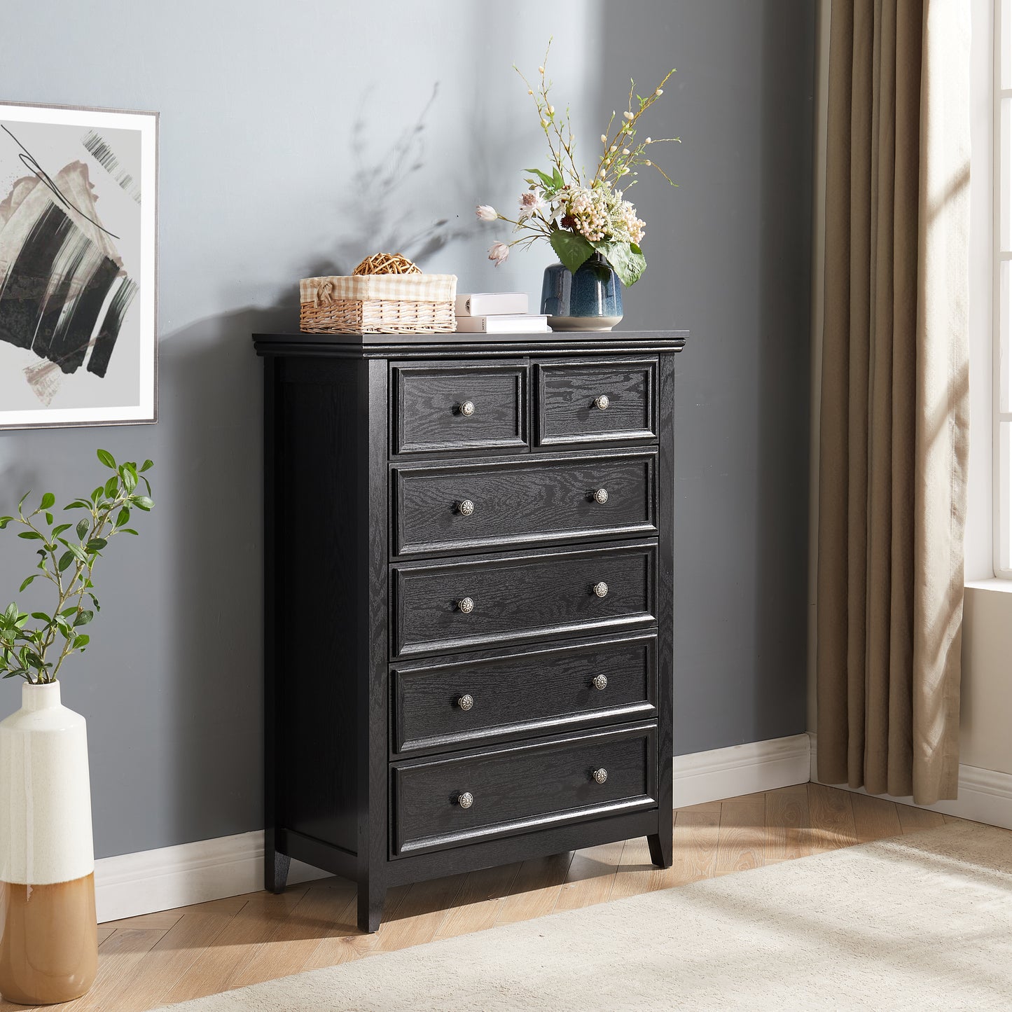 Modern 6-Drawer Dresser - Black Storage Cabinet for Living Room