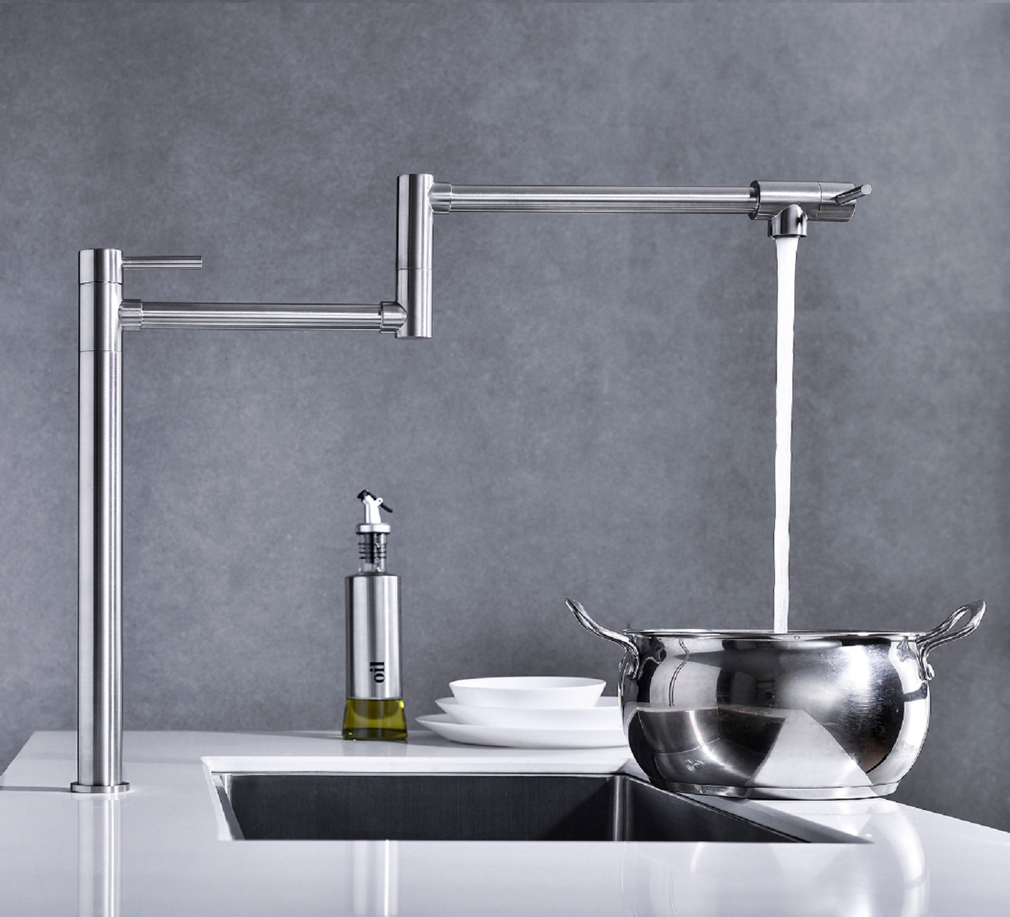 Modern Pot Filler Faucet with Extended Handle - Brushed Nickel