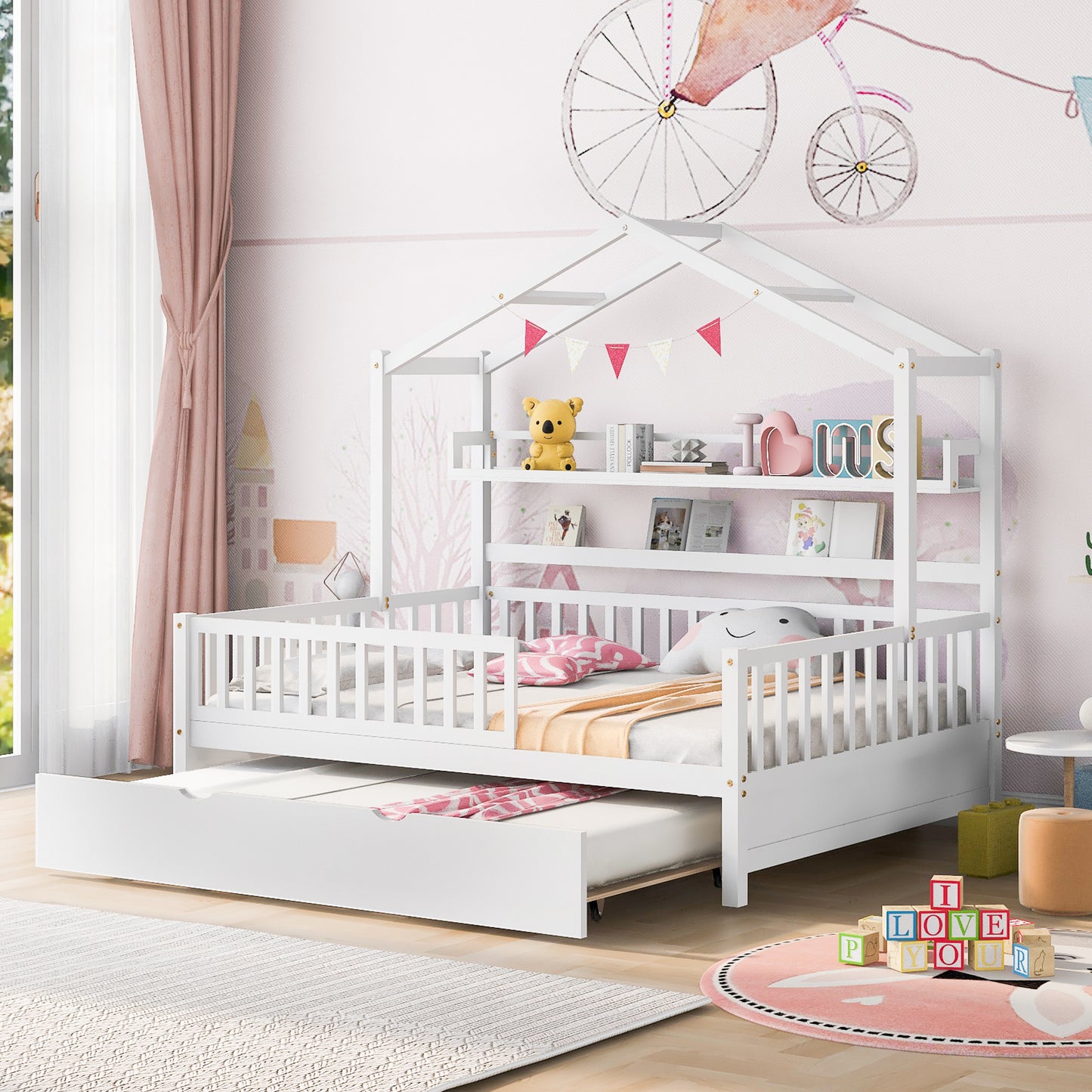Wooden Full Size House Bed With Twin Trundle,Kids Shelf, White Old