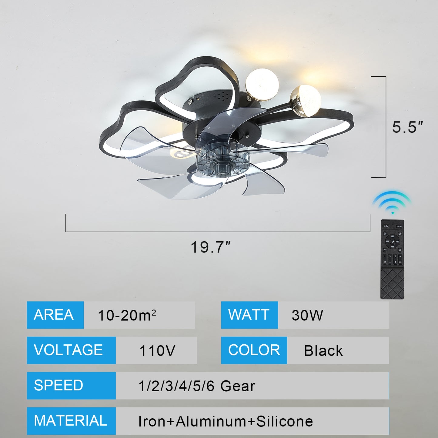 19.7 Inch Modern Ceiling Fan with Lights and Remote Control - Black
