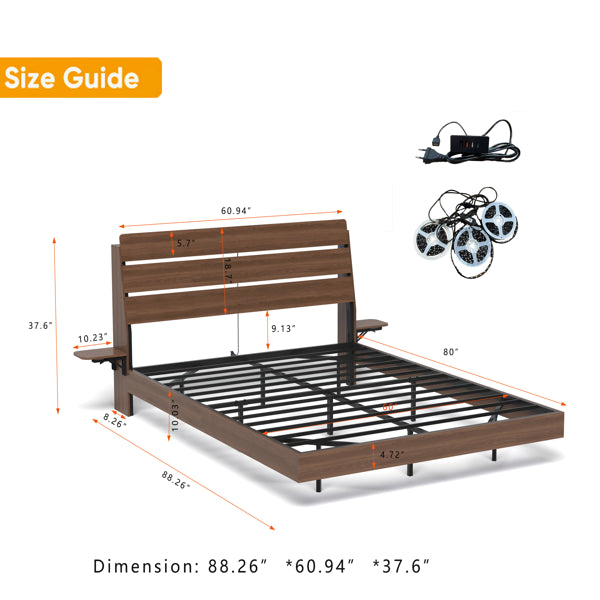Queen Floating Bed Frame with LED Lights & Charging Station