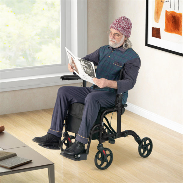 2-in-1 Rollator Walker and Wheelchair - 300lbs Capacity, Adjustable Handles, Black