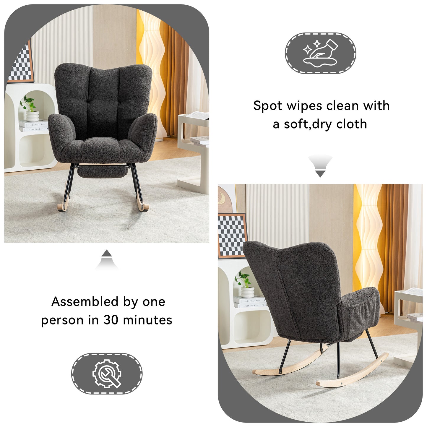 Modern Teddy Fabric Rocking Chair with Adjustable Footstool - Dark Gray
