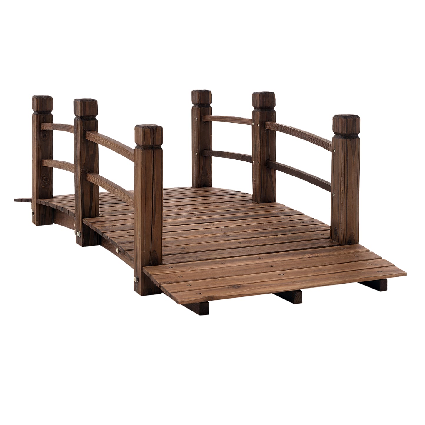 Wooden Garden Bridge with Side Railings - 60 Inch Stained Fir Wood Walkway