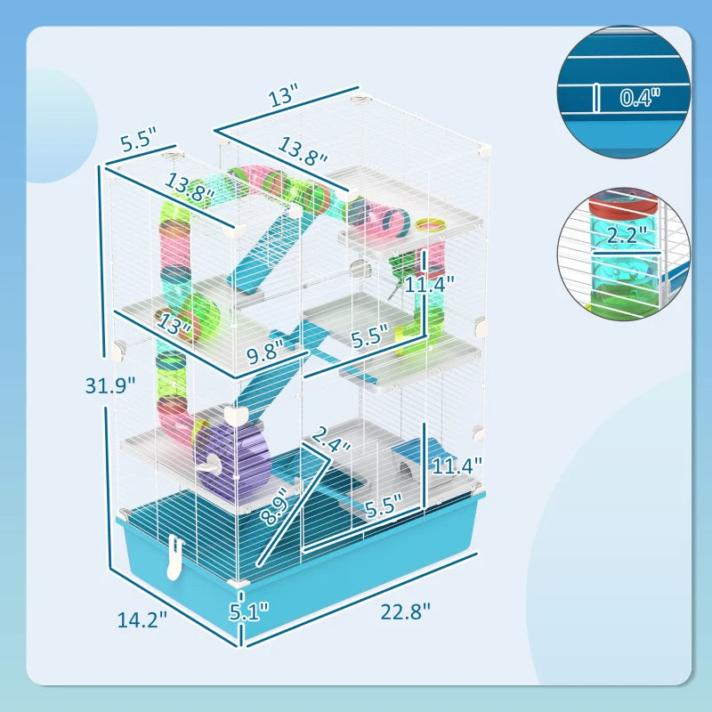 Multi-Tier Hamster Cage with Tubes and Accessories - Light Blue