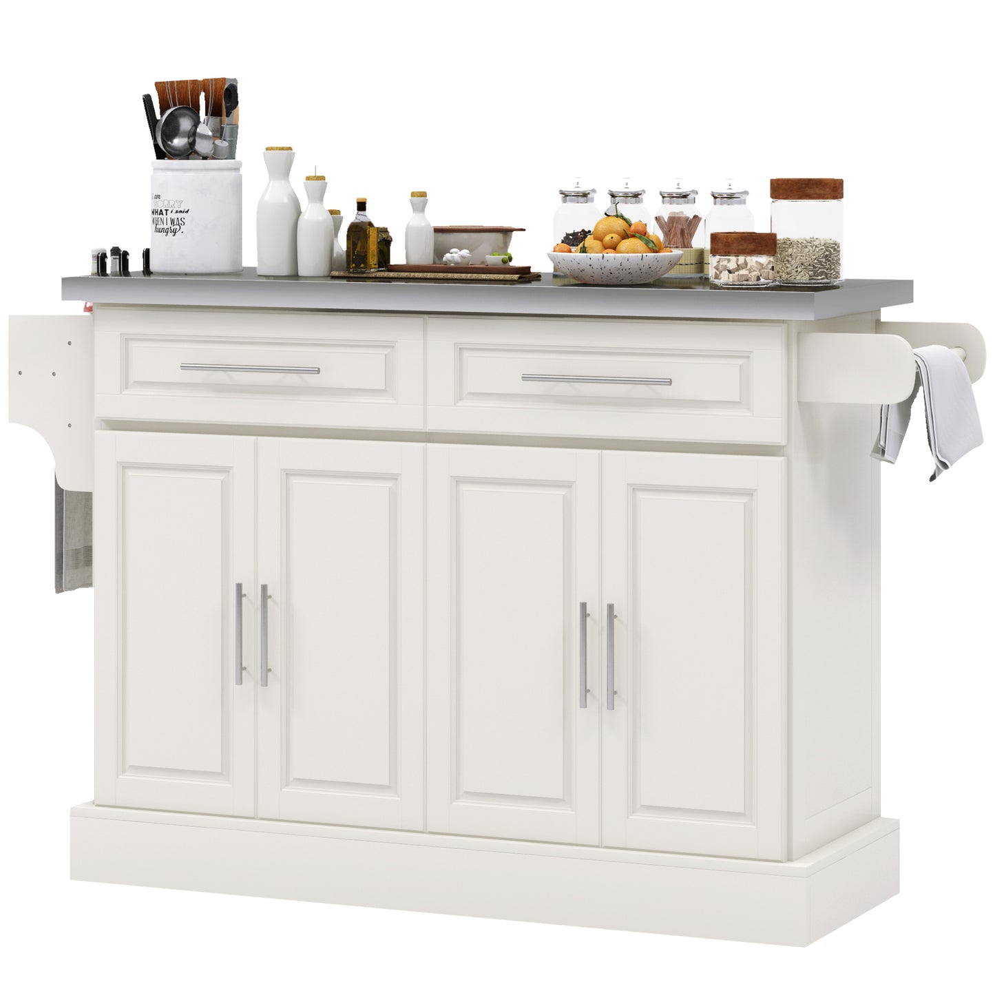 Rolling Kitchen Island Cart with Stainless Steel Top - Cream White