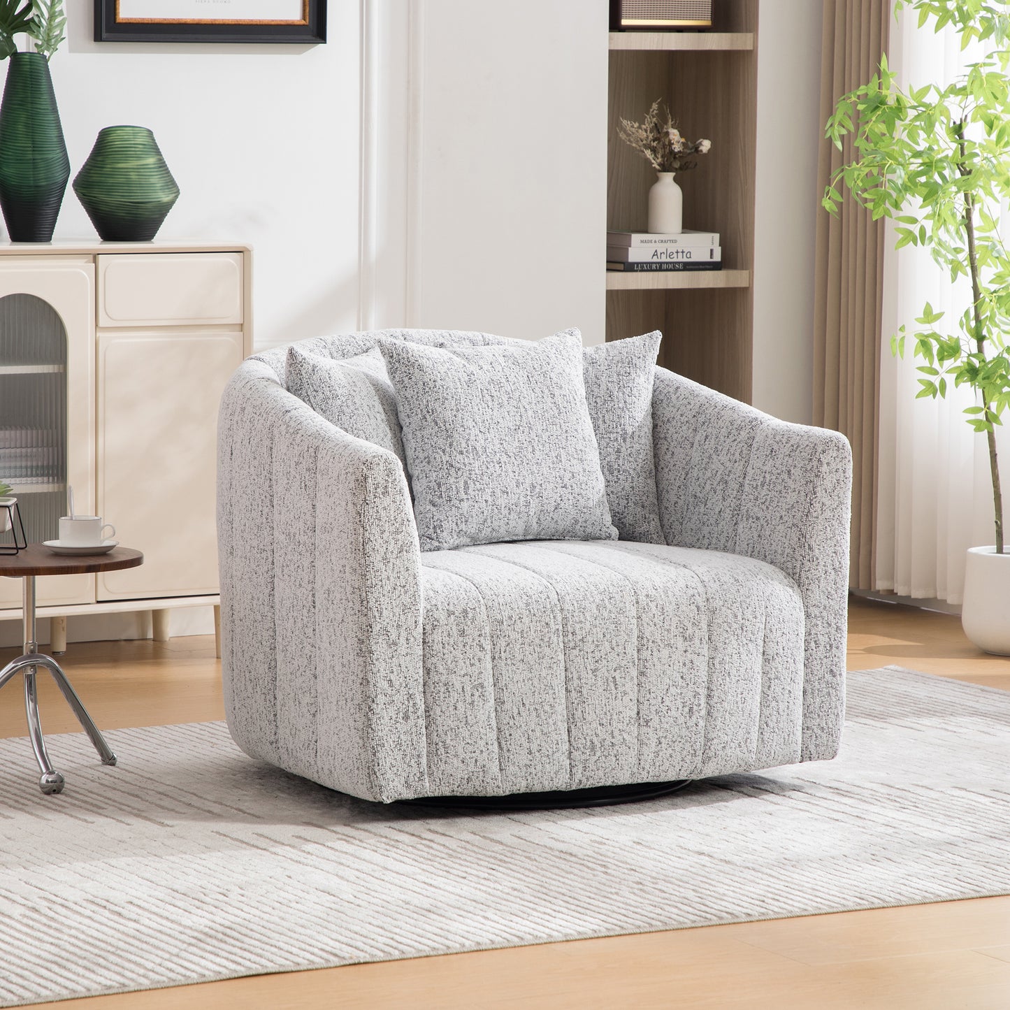 Oversized 360° Swivel Accent Barrel Chair with 3 Pillows - White/Black