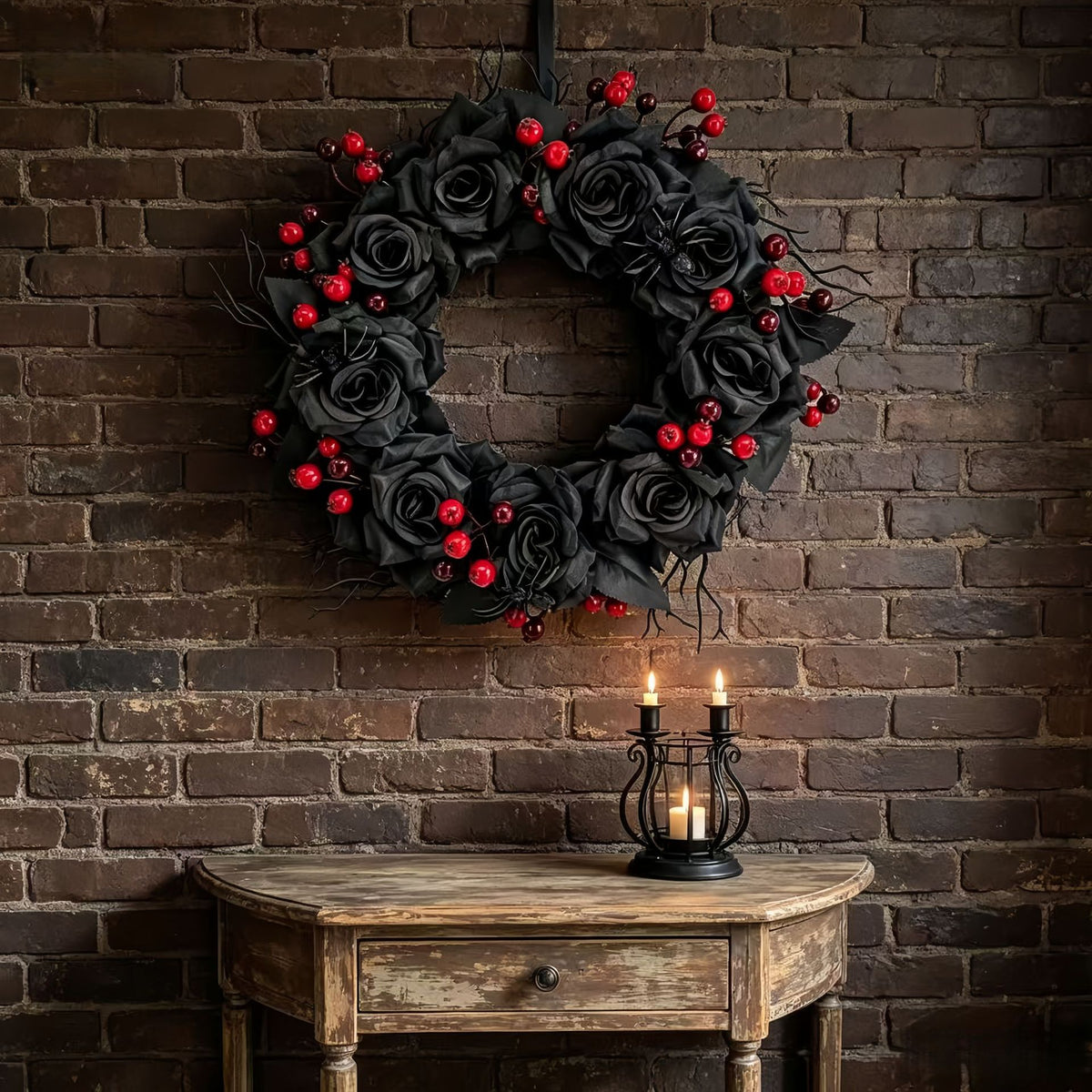 Halloween Wreath Decoration with Dried Branches and Roses - Handmade Festive Home Decor