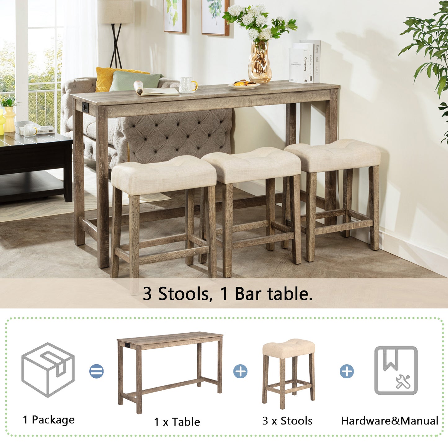 4-Piece Bar Table Set with Power Outlet and 3 Stools - Brown