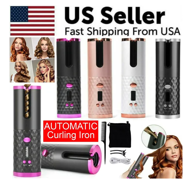 Cordless Auto-Rotating Hair Curler - Ceramic Wireless Curling Iron - Black