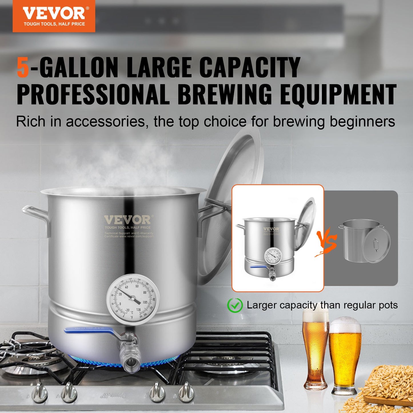 5 Gallon Stainless Steel Brew Kettle with Thermometer & Spigot