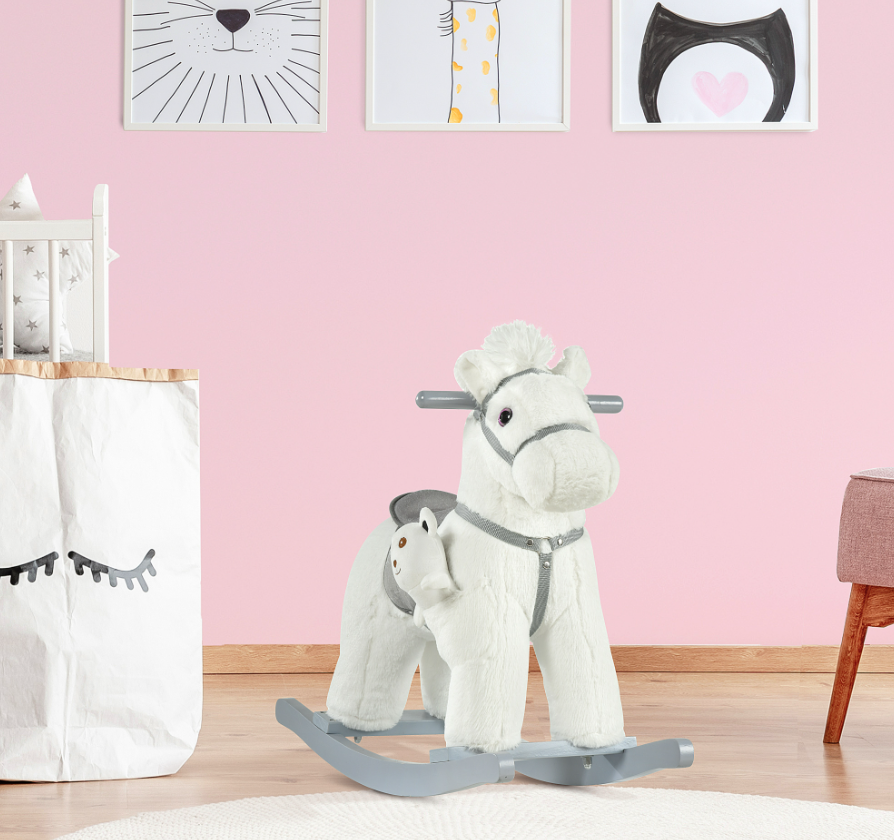White Plush Rocking Horse with Bear Toy for Kids - Soft Sound