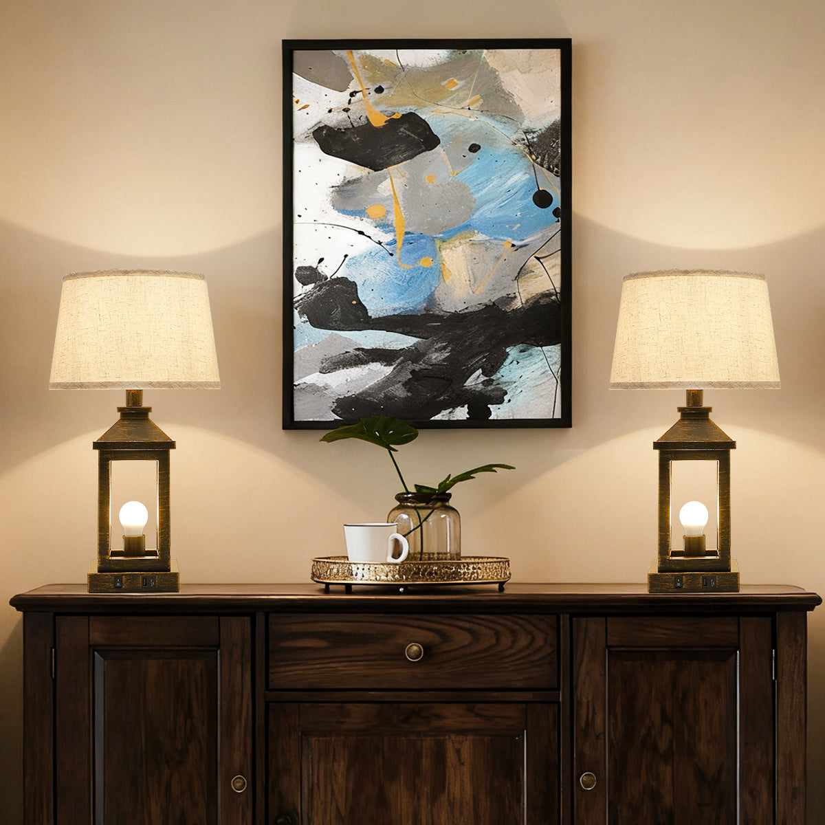Dimmable Black Gold Farmhouse Table Lamp with USB Ports