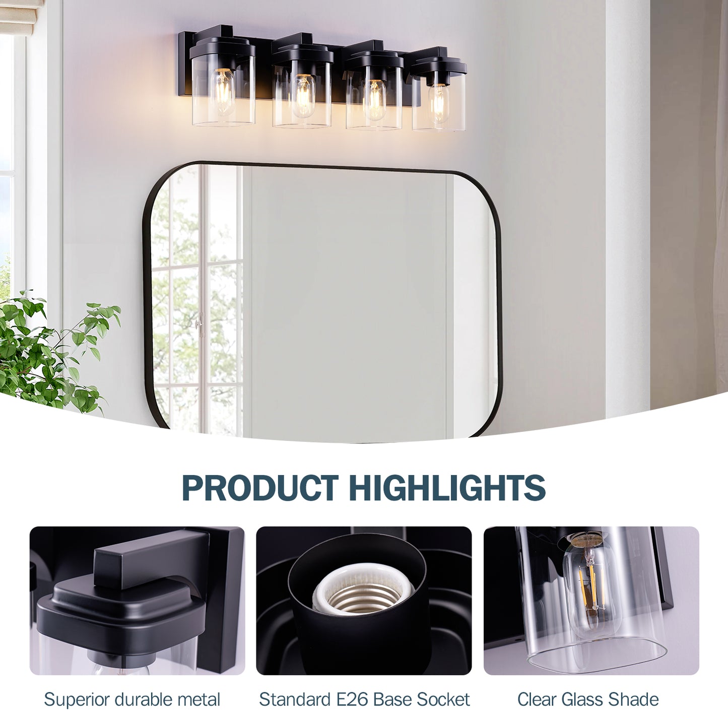 4-Light Matte Black Bathroom Vanity Light Fixture with Clear Glass Shades - Over Mirror Wall Sconce, NO BULBS