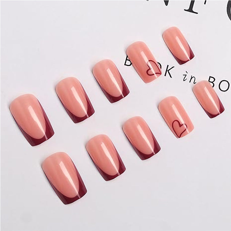 Valentine's Day Press On Nails - Medium Square French Tip Heart Design