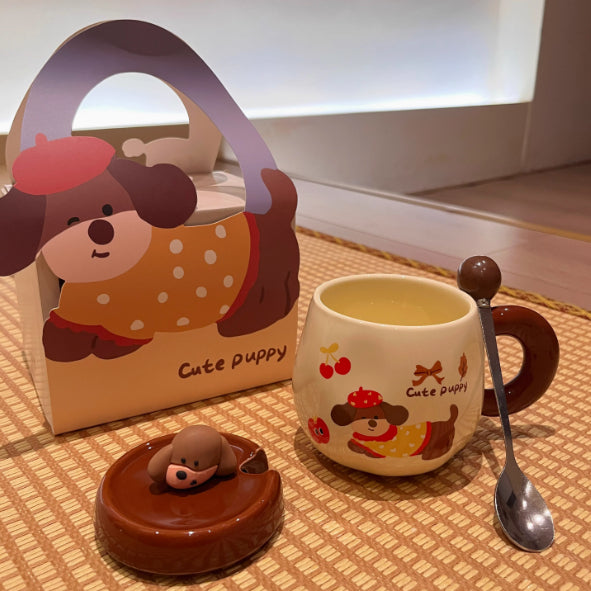 Cartoon Sausage Dog Mug with Lid and Spoon - Ceramic Water Cup, 350ML