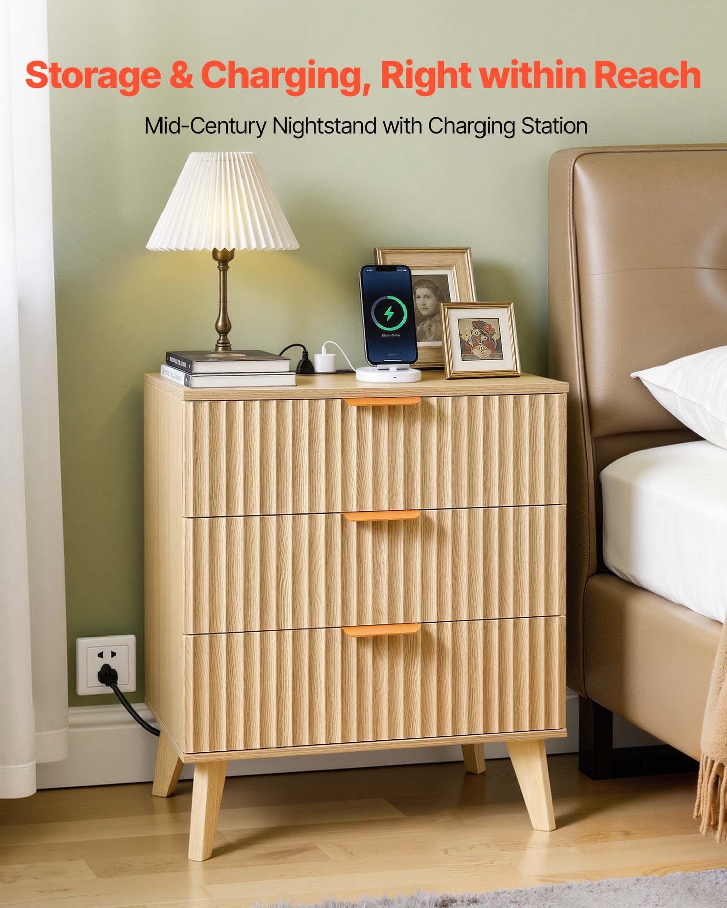 Nightstand with Charging Station & 3 Drawers - Mid Century Modern Bedside Table