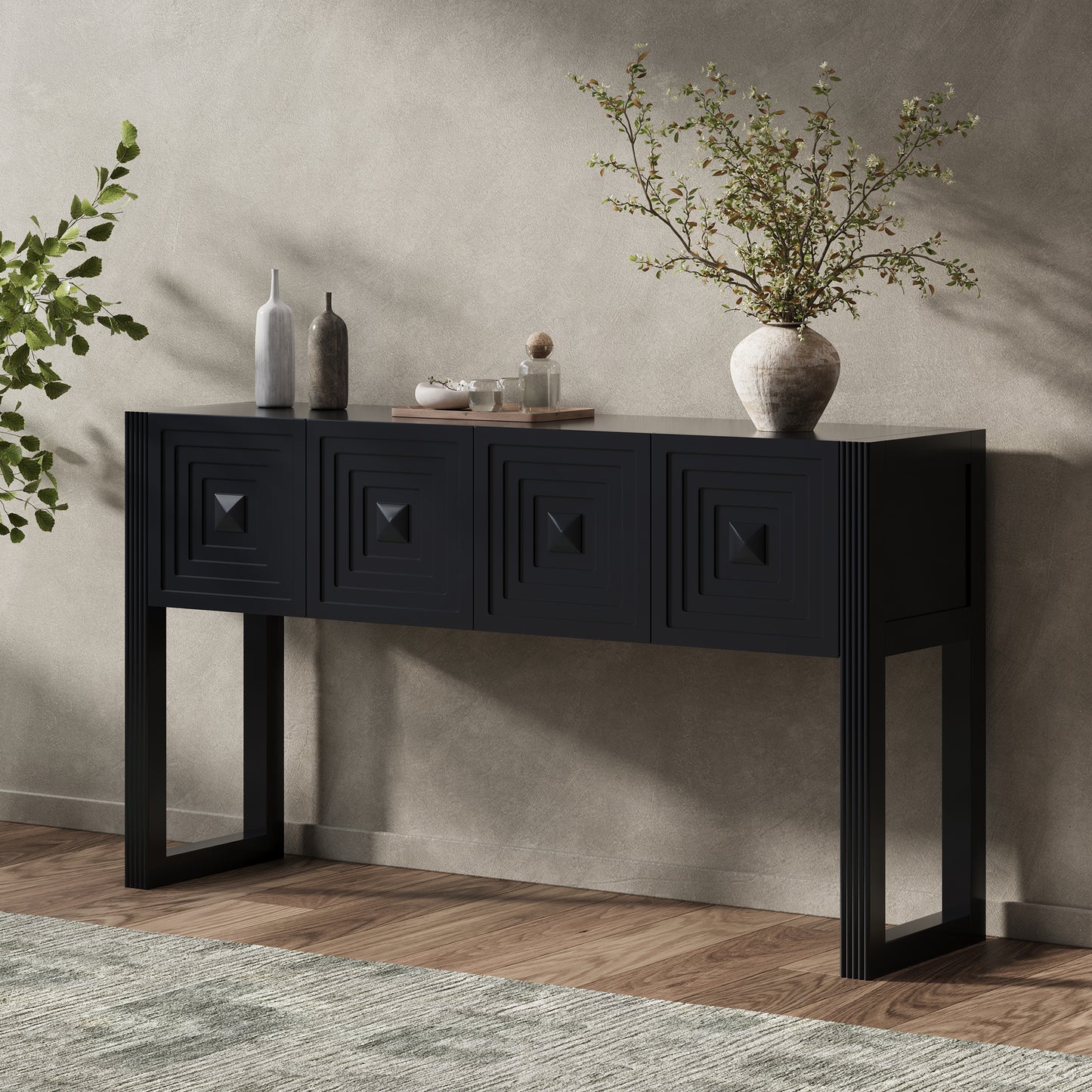 Geometric Carved Console Table with 3 Soft-Close Drawers - Black