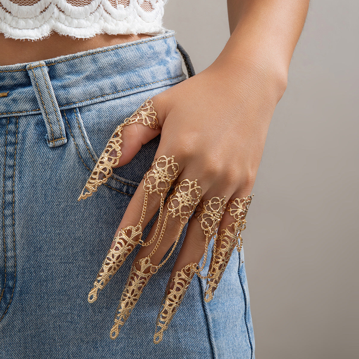 Gothic Style Hollow Tapered Fingernail Ring with Tassel and Geometric Design