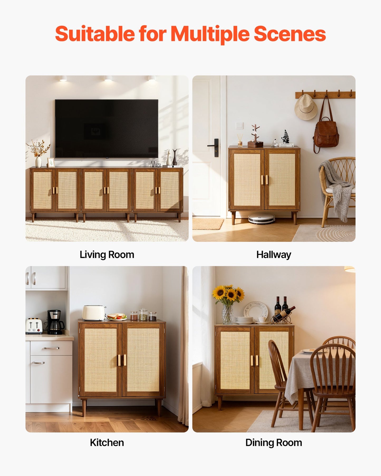 Rattan Storage Cabinet with Magnetic Doors and Adjustable Shelves - Khaki