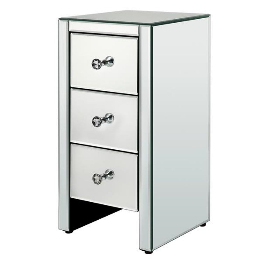 Mirrored Glass Bedside Table with 3 Drawers - Silver