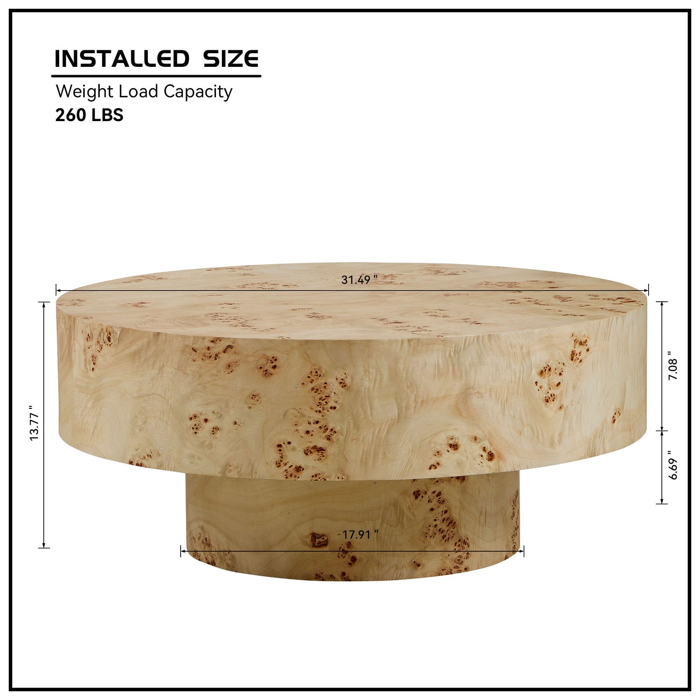 Mid Century Modern Round Wood Coffee Table with Burl Veneer - Natural