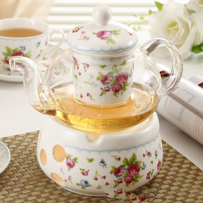 European Glass Fruit Tea Teapot with Candle Heating - Bone China, Heat-Resistant