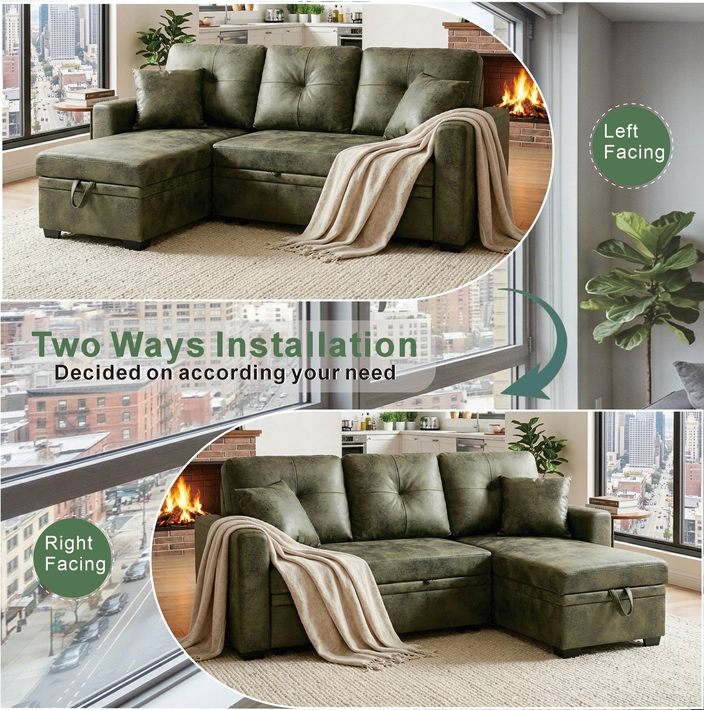 Sleeper Sofa with Pull-Out Bed & Reversible Chaise - Olive Green