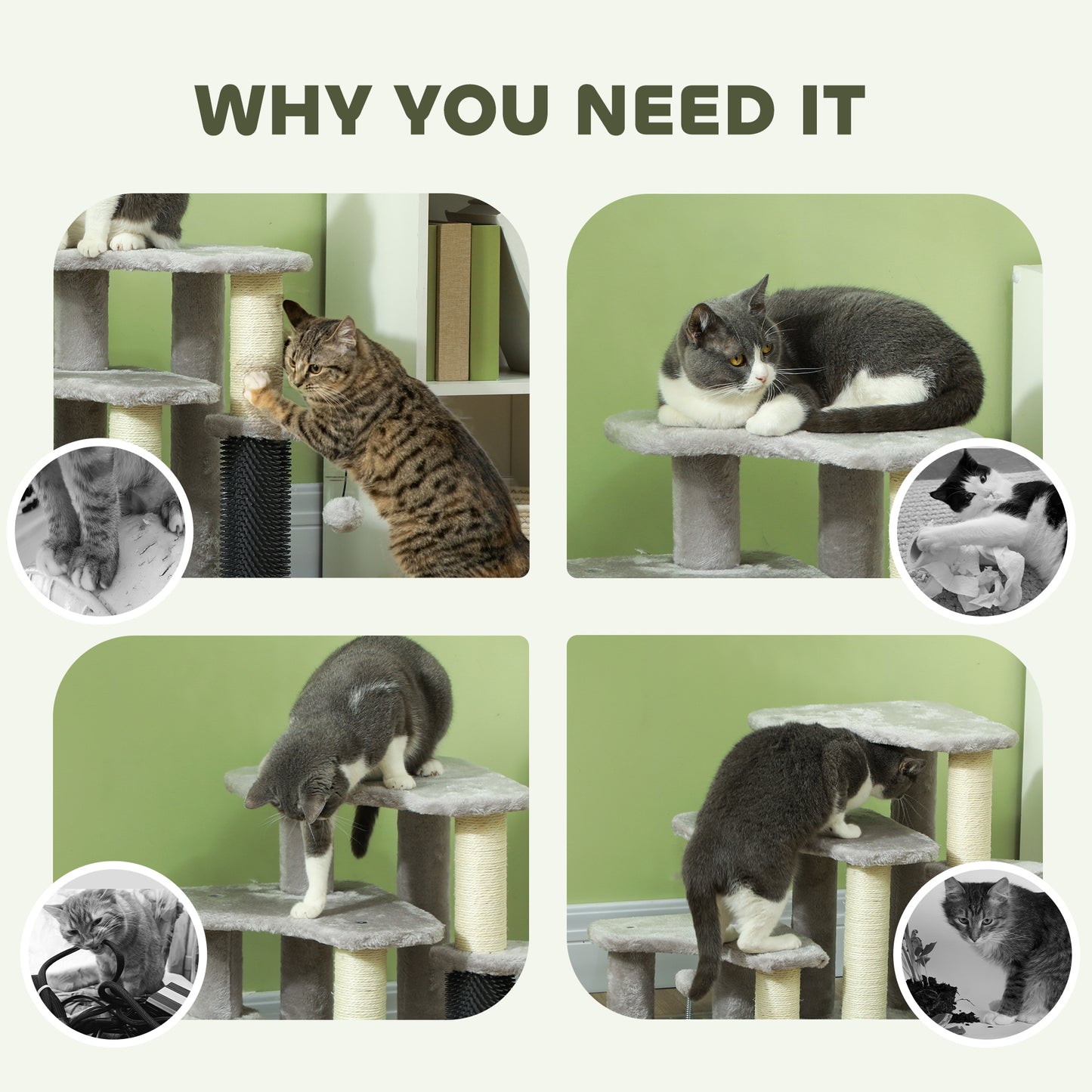 2-in-1 Cat Tree Tower with Scratching Posts and Toy Balls - Light Gray