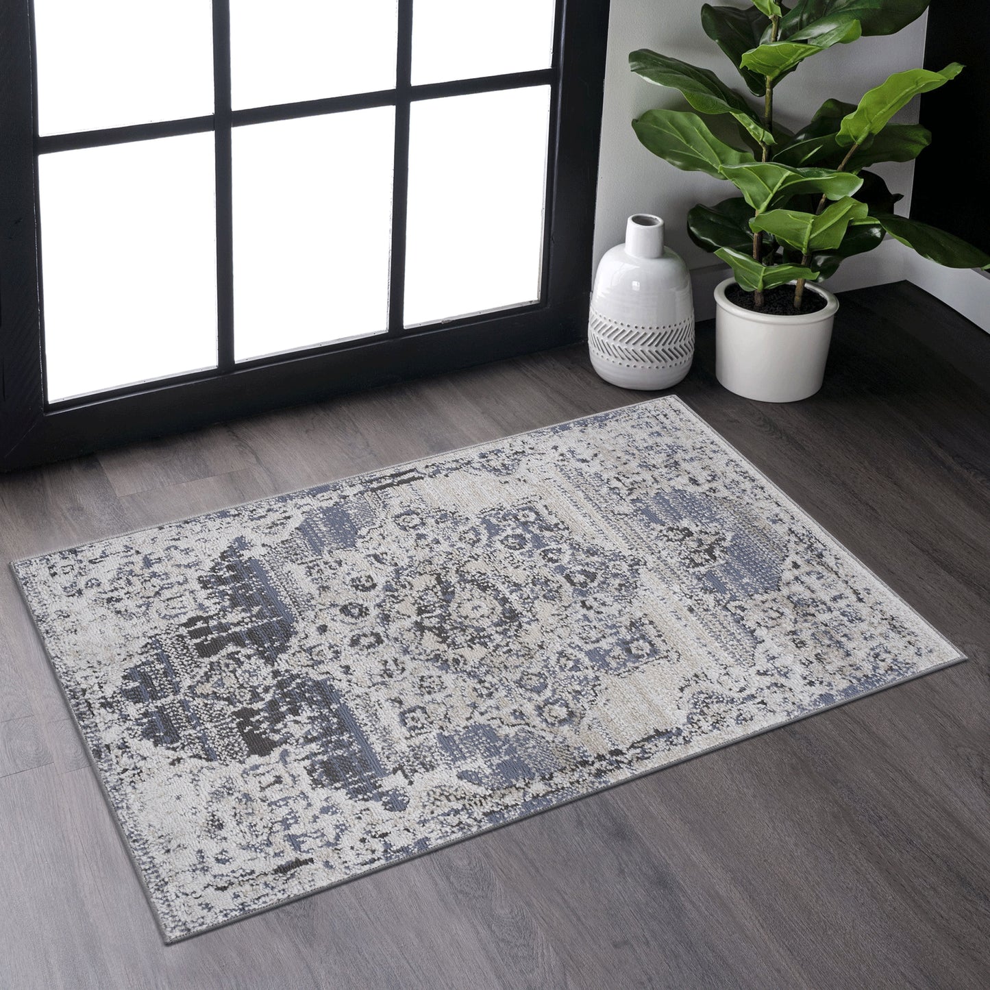 PAYAS 2X3 Cream Blue Medallion Doormat Rug