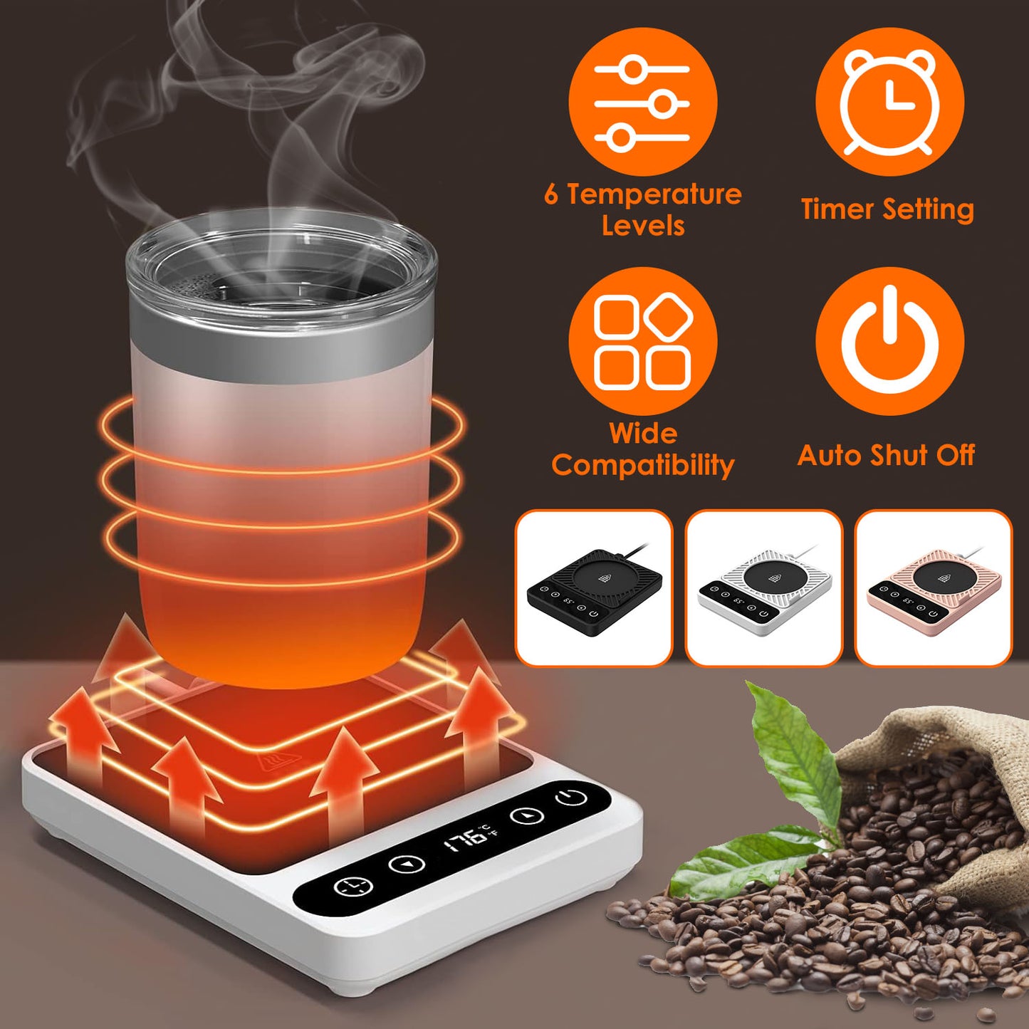 Electric Mug Warmer with 6 Temperature Levels & Auto Shut Off