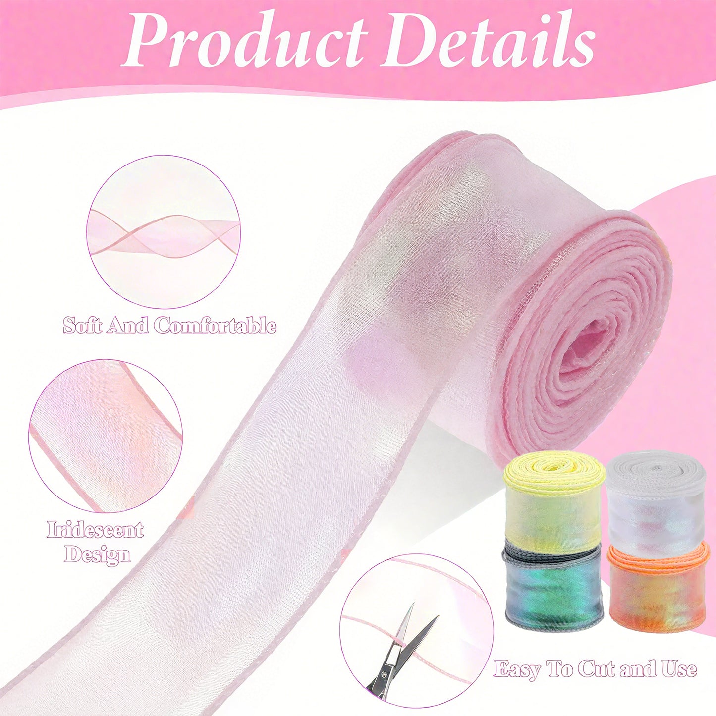 10 Yard Shimmer Sheer Organza Ribbons - 5 Rolls in 5 Colors