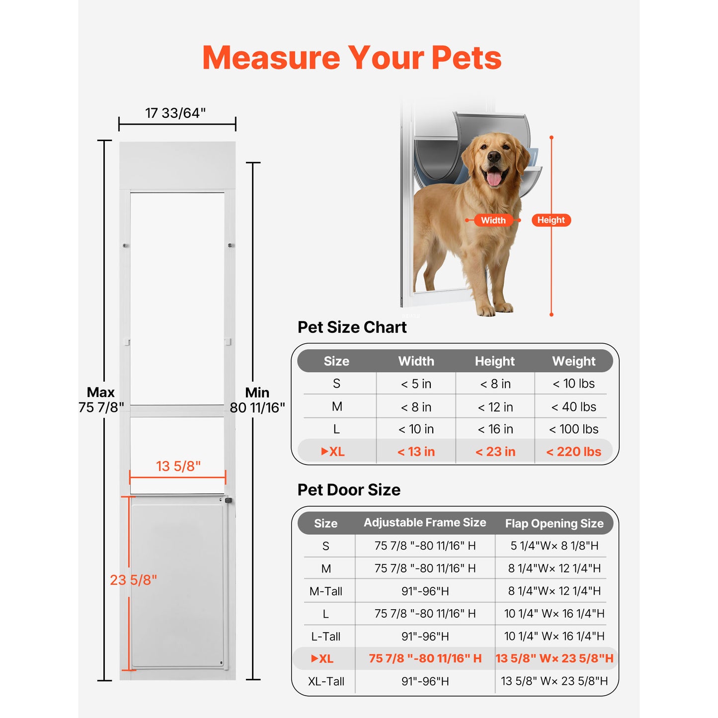 Adjustable Dog Door for Sliding Glass Door - Aluminum Frame, 75-80 Inch, Large Dogs