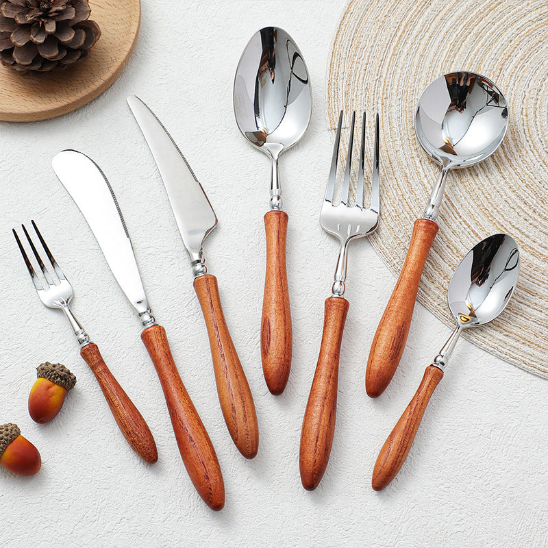 Stainless Steel Cutlery Set with Wooden Handles - Forks Spoons Knives
