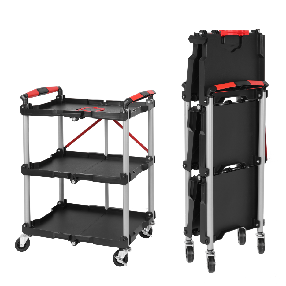 Heavy Duty Foldable Utility Service Cart with 3 Shelves, Swivel Wheels & Handle