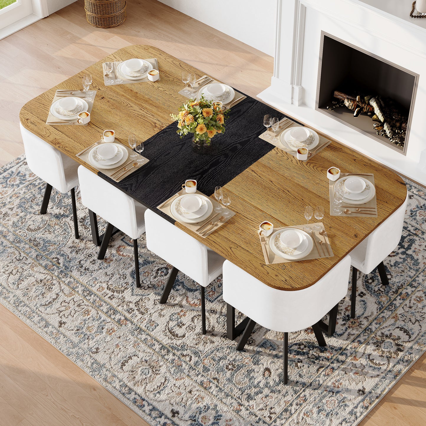 9-Piece Square Dining Table Set, Fixed Two-Tone Wood Grain & Black