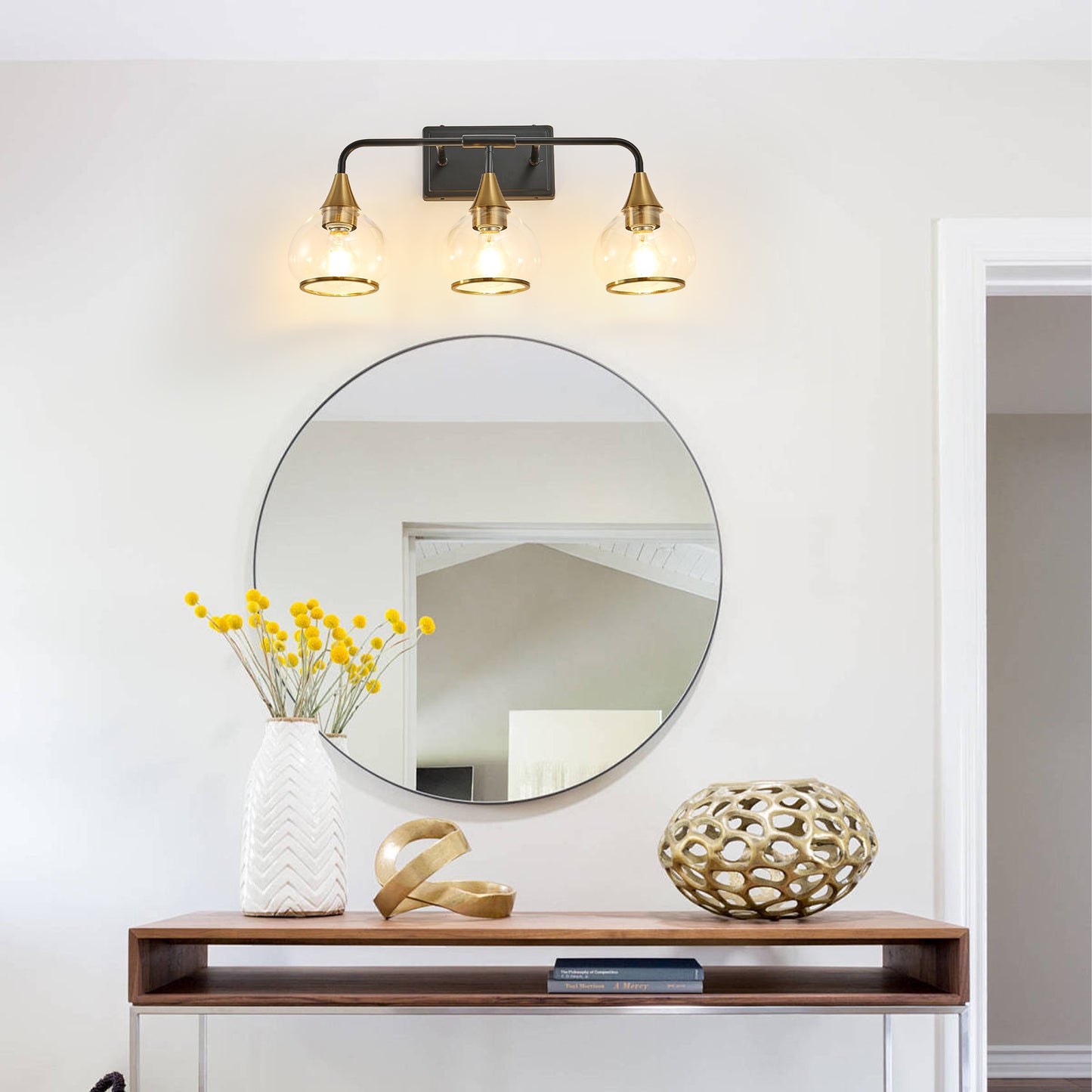 Modern 23in Black and Gold Wall Sconce with Clear Glass Shades - Vanity & Bathroom Light Fixture