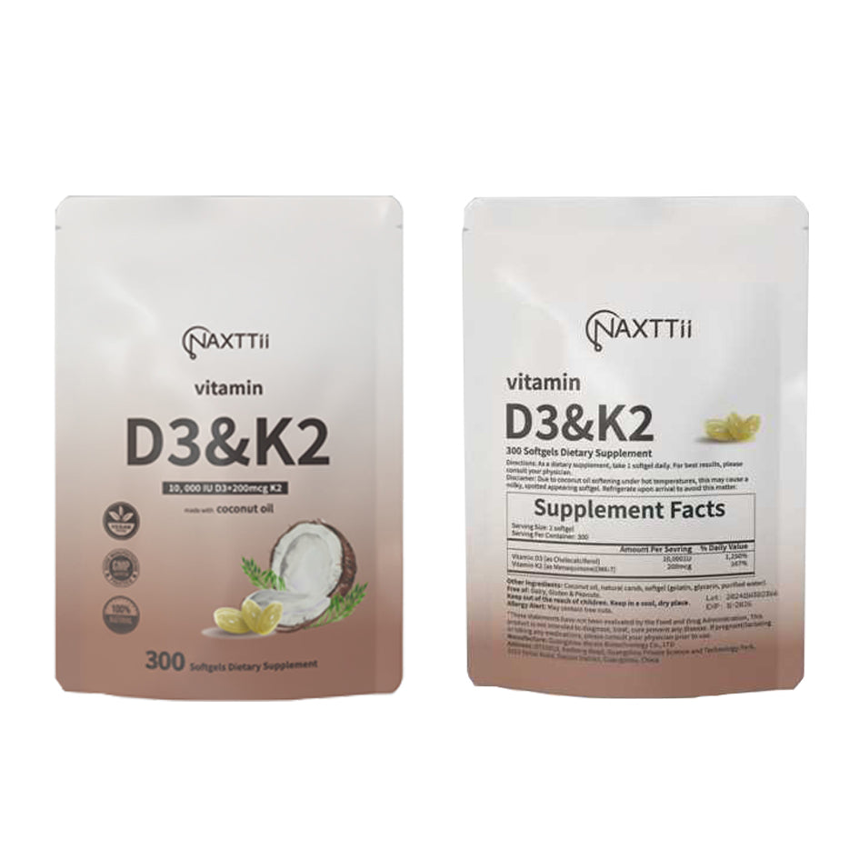 Vitamin D3 + K2 Softgels with Coconut Oil - 300 Capsules for Bone & Heart