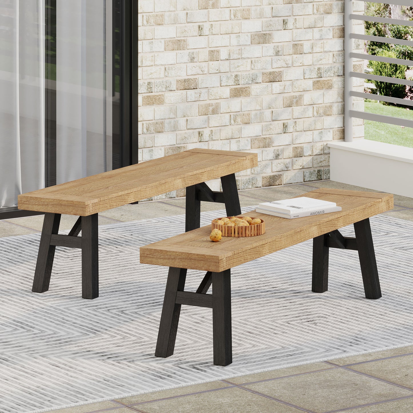 Outdoor Bench Set of 2 - Slat Panel Design, Acacia Wood, Grey