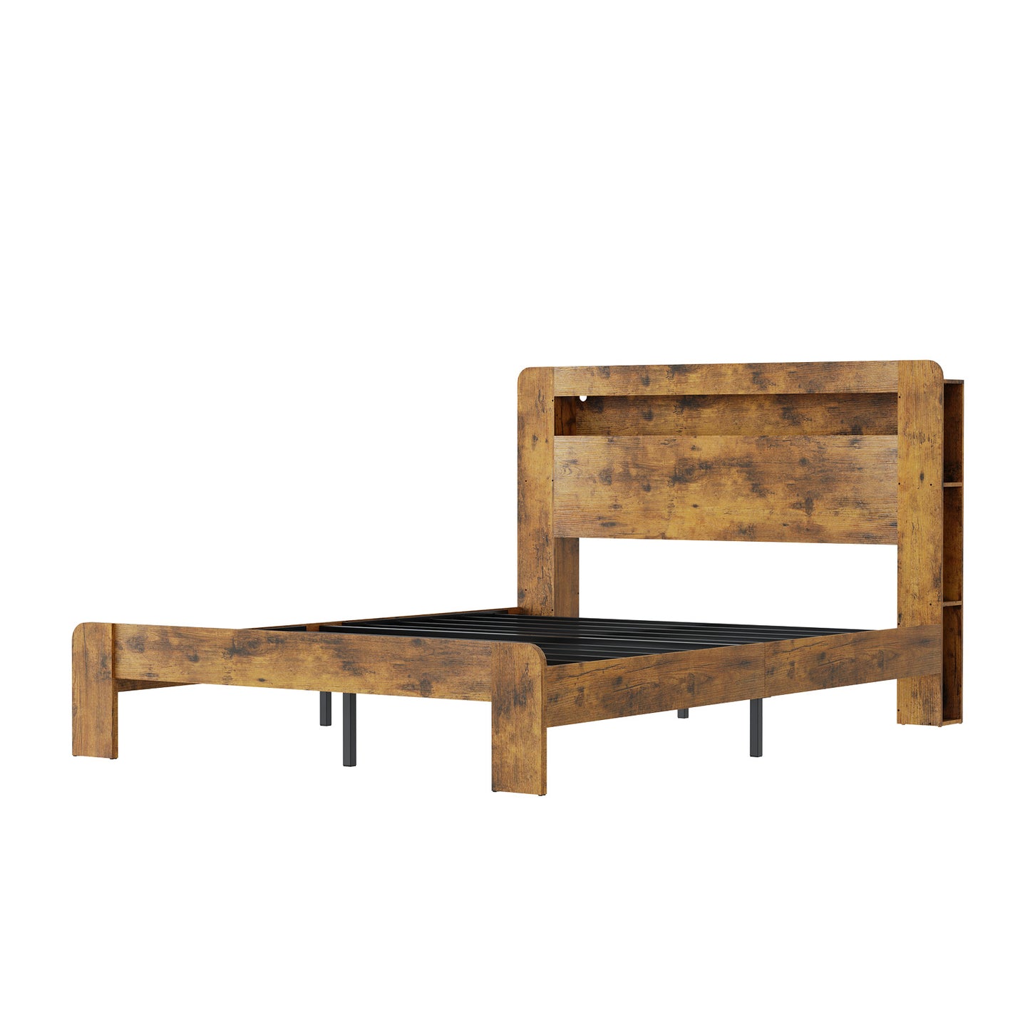 Queen Size Bed Frame with Storage & Charging Station - Rustic Brown