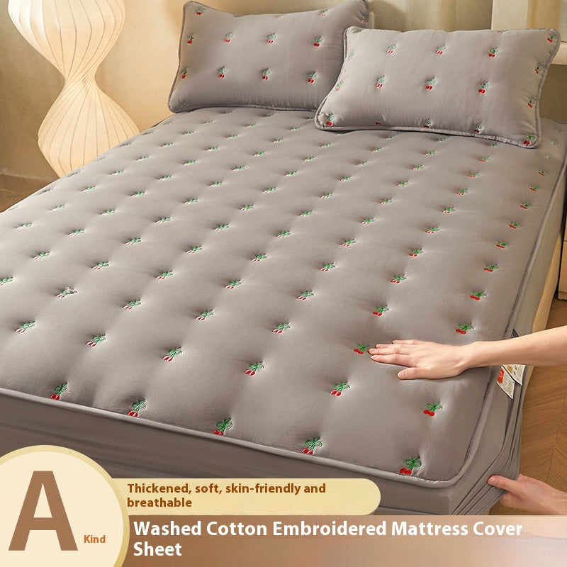 Washed Cotton Fitted Bed Sheet Set with Embroidery - Multiple Sizes & Patterns