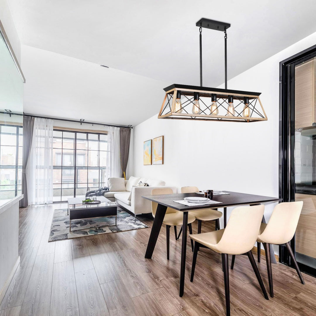 32-Inch Oak Industrial 5-Light Pendant Chandelier - Adjustable