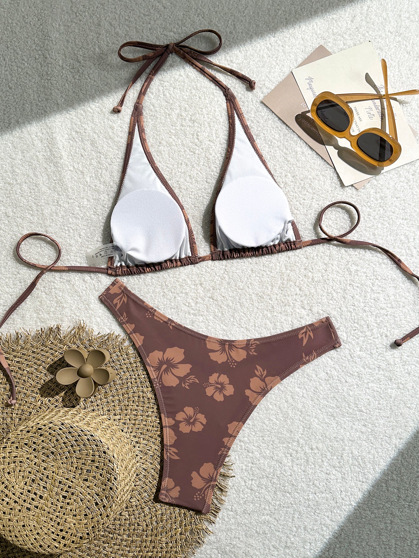 Women's Brown Hibiscus Floral Triangle Bikini Set - 2 Piece Swimsuit