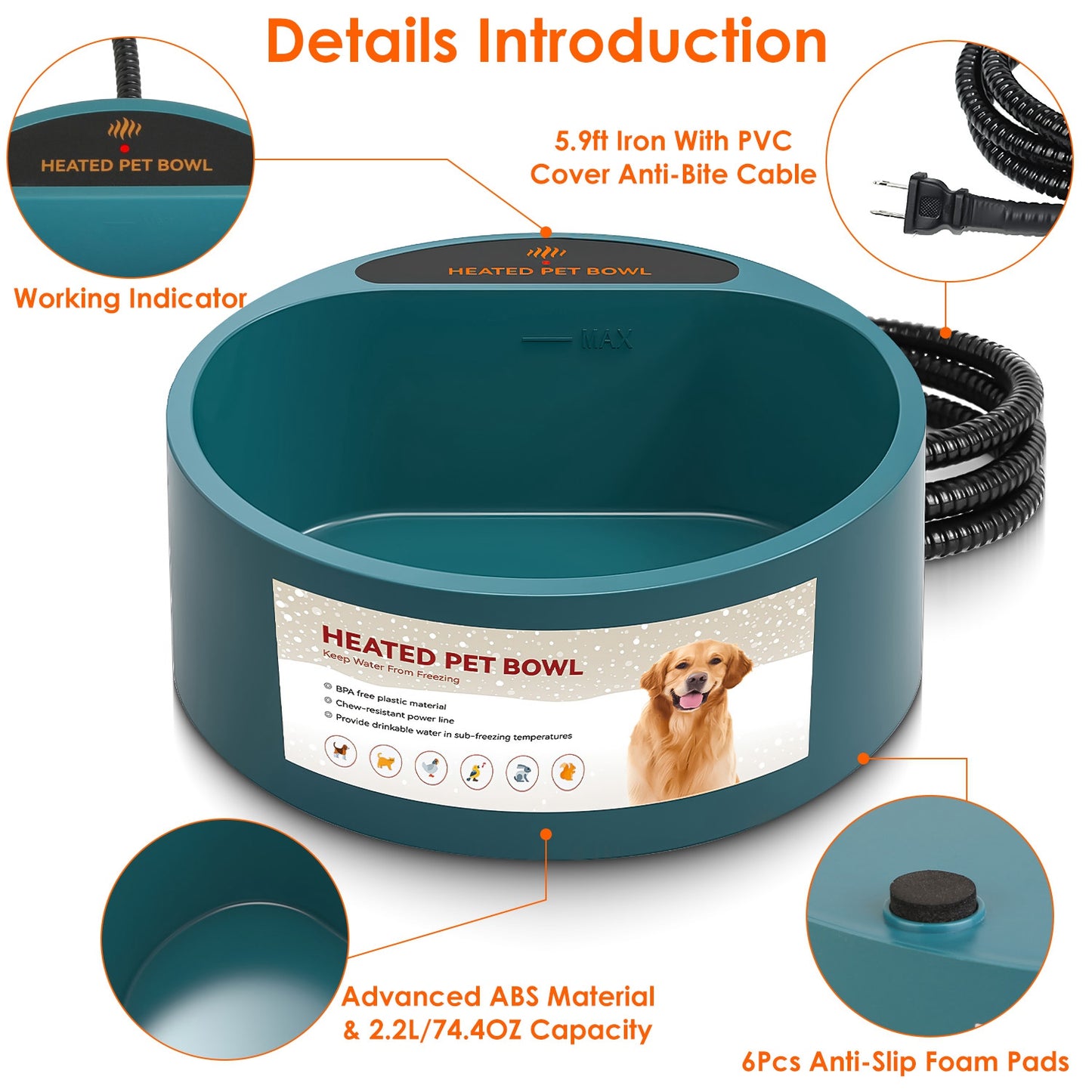Heated Water Bowl for Dogs & Cats - 74.4oz IP67 Waterproof