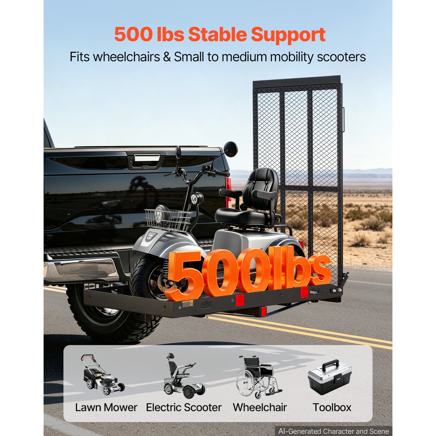 Hitch Mount Wheelchair Carrier with Folding Ramp - 500LBS Steel Cargo Basket for 2-Inch Hitch, Adjustable Height