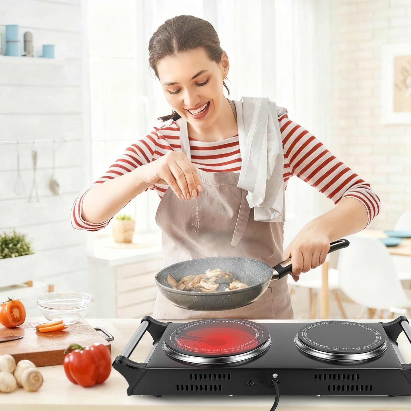 1800W Double Hot Plate Stove with Stepless Temperature Control, Portable Handles